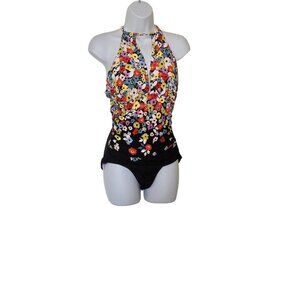 Anne Cole Sunset Floral High Neck Swim BLACK FLORAL size 12